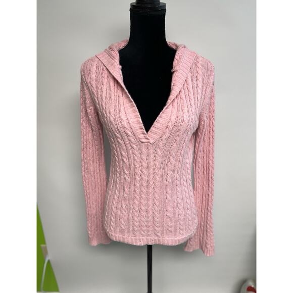 VTG Y2K Cable Knit Sweater L Pink Fitted V Neck Hooded Vampire Diaries Elena - Picture 2 of 13
